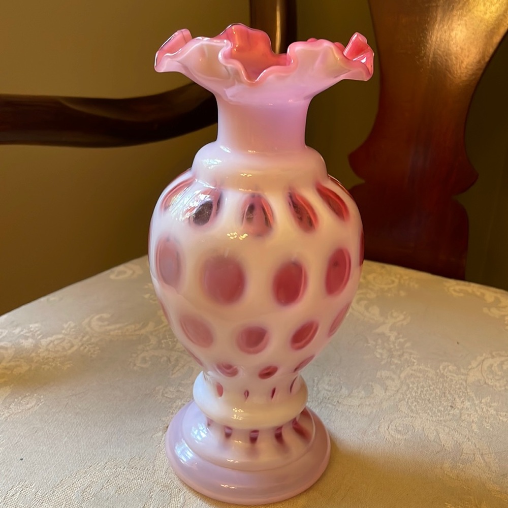 Vintage Fenton cranberry opalescent coin dot spot ruffled top vase, stunning!